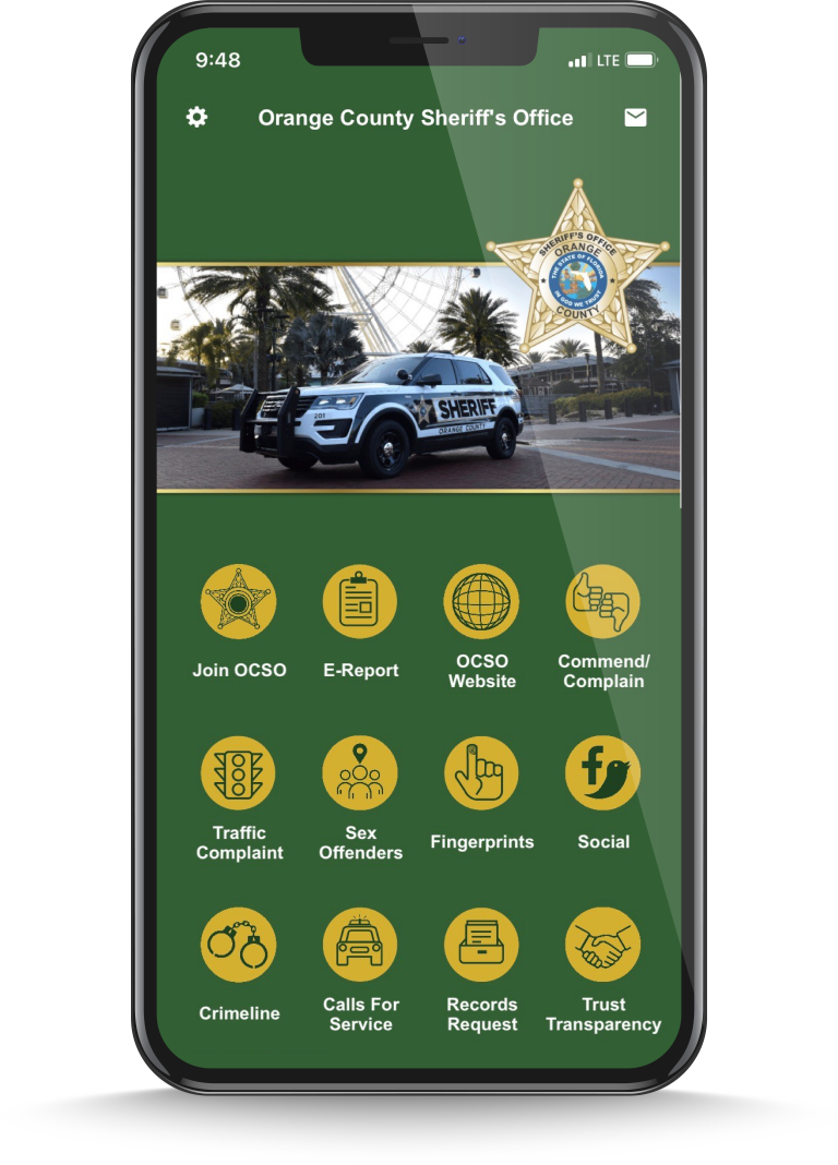 Orange county sheriff's office app displayed on a phone