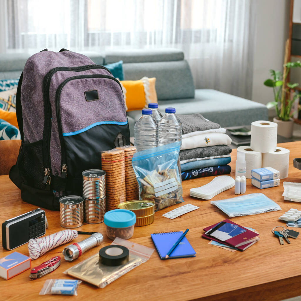 Emergency supplies splayed on a table including water bottles, toilet paper, feminine products, canned food, crackers, notebooks, flashlights, first aid kit, matches and rope
