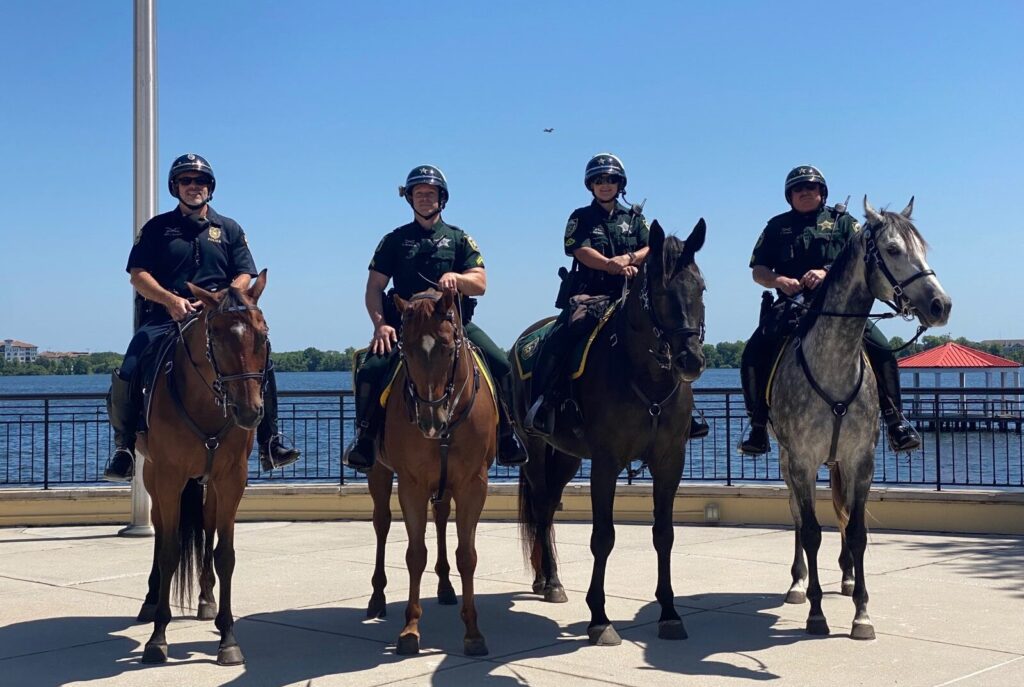four horse riding deputies standing in a line