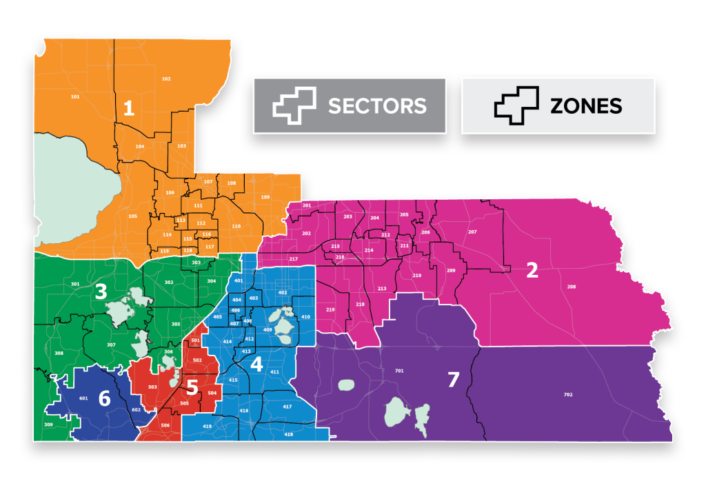 map depicting the seven sectors of orange county