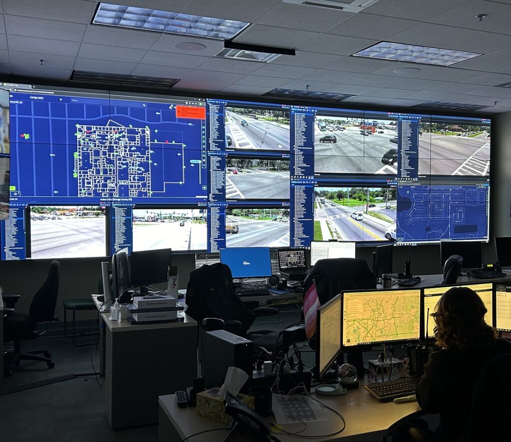 Various monitors displaying traffic cams